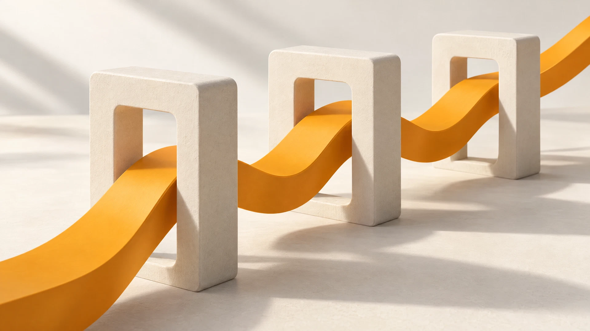 An orange ribbon connecting architectural frames